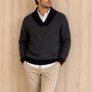 Mens Shawl Collar Sweater L‎ Black Gray Herringbone Knit Classic Preppy Heritage